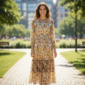 NEW Maxi Dress Womens XL Beige Floral Cottagecore Prairie Boho Smocked Waist
